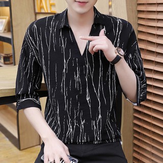 2021ใหม่ฤดูร้อนยืดหยุ่นใหม่Vเสื้อเชิ้ตคอปกชายแบรนด์น้ำพิมพ์แขนยาวเสื้อเชิ้ตลายสลิมหล่อ