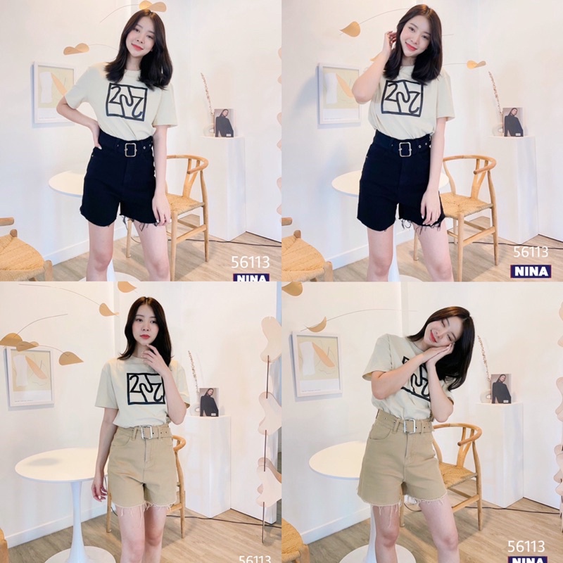 NN-ST กางเกงยีนส์ขาสั้นผ้ายืด เอวสูง มาพร้อมเข็มขัดเก๋ๆ สามารถถอดออกได้ ปลายขาตัด56113