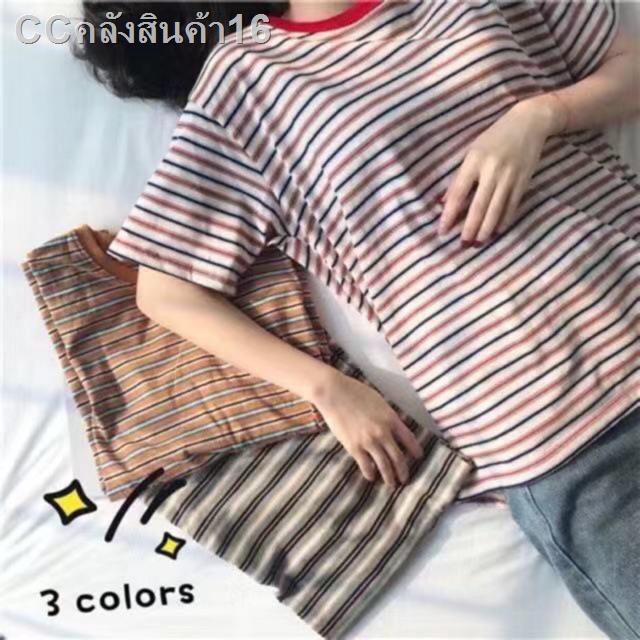 ☂△CCshop  เสื้อยืดแขนสั้นพิมพ์ลายทางลำลอง สำหรับผู้หญิง #93041