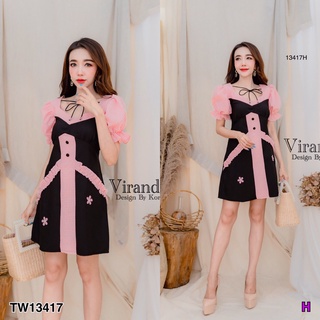 13417 Dress เดรสสั้น แขนพอง คอผูกโบว์ ตัดต่อผ้าลายสก็อต กระโปรงติดดอกไม้ Short dress, puff sleeves, bow neckline, patch