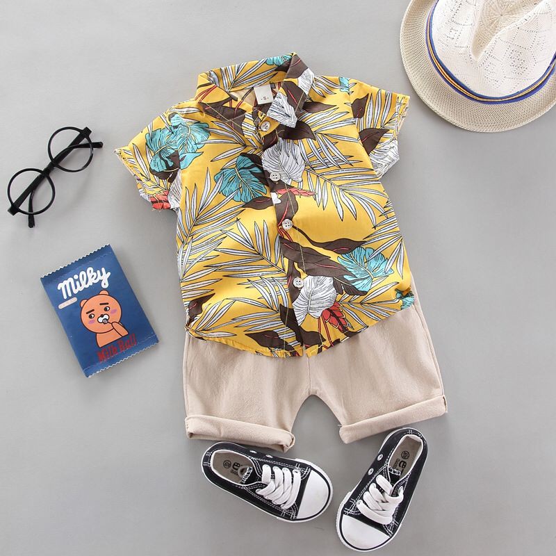 Hot เสื้อผ้าเด็ก ชุดเด็กแฟชั่น 2 ชิ้น เสื้อ + กางเกง ชุดชายหาด  ️ ชุดสงกราน ชุดฮาวาย เนื้อผ้าดี (8เดือน - 5ปี) PFS0010