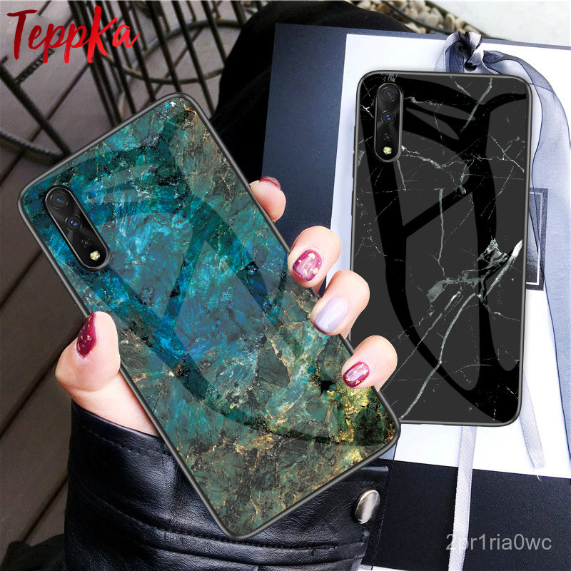 TeppKa Marble Glass Case for Huawei Y9S Phone Case Silicone Frame Glossy Hard Glass Back Shockproof Cover for Huawei 9X