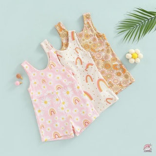 JOP7-Baby Girl Sleeveless Romper with Flower Rainbow Pattern, Casual Style Loose Version Summer Clothing