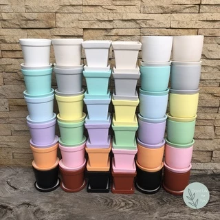 (สั่ง10ใบแถม1ใบ) กระถางเซรามิก มินิมอล สีพาสเทล 3 แบบ (12 สี) พร้อมจานรอง ขนาด 3.2 - 3.5 นิ้ว