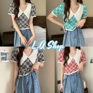 L.A Shop ​พร้อมส่ง ดเสื้อไหมพรมแขนสั้น คอปก ลายดอกไม่น่ารักมี3สีคิ้วๆ "B200" -C