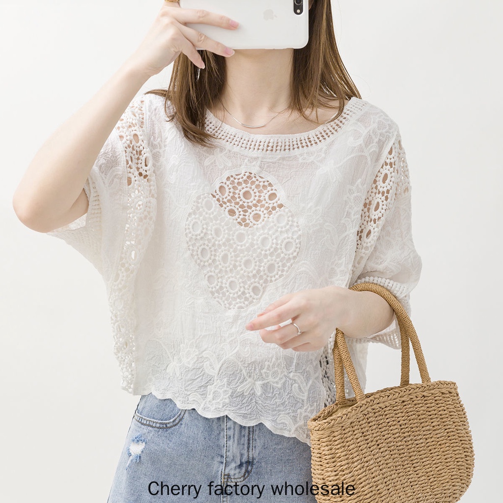เสื้อเชิ้ตแขนสั้นลําลอง ผ้าฝ้ายแท้ ทรงหลวม แต่งลูกไม้ ฉลุลาย กันแดด แฟชั่นทันสมัย สไตล์เกาหลี สําหรับผู้หญิง
