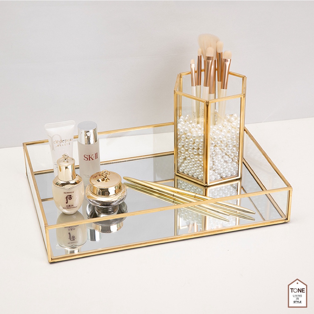 ถาดกระจก สี่เหลี่ยม ขอบทอง (MH_101) Modern glass box ทรงสี่เหลี่ยมผืนผ้า ขอบสีทอง ทรงโมเดิล
