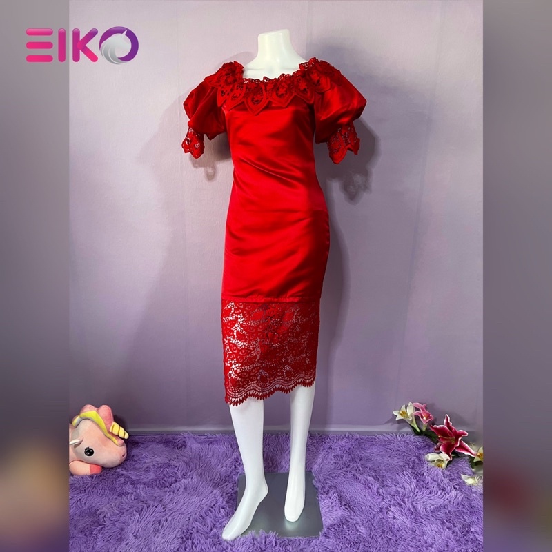 Eiko15 เดรสสีแดงผ้าซาตินเนื้อดี แต่งลูกไม้อย่างดี มือ 1 ป้ายห้อย Size S งานป้าย Love lady
