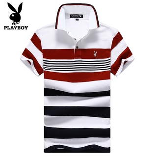 Playboy เสื้อยืดโปโล แขนสั้น คอปก เข้ารูป ลายทาง สไตล์เกาหลี เหมาะกับฤดูร้อน สําหรับผู้ชาย