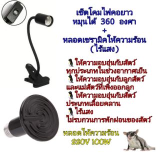 เซ็ตโคมไฟขั้วเซรามิคคอยาว หมุนได้ 360 องศา + หลอดให้ความร้อนไร้แสง 25W/50W/75W/100W สำหรับให้ความอบอุ่นสัตว์เลี้ยง