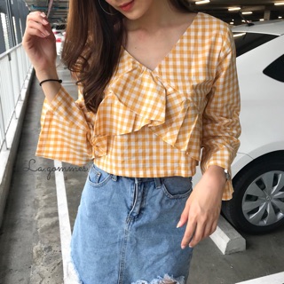 [พร้อมส่ง] Yellow scot • เสื้อครอป ลายสก็อต