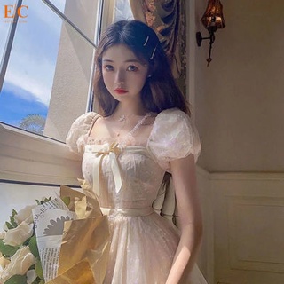 🔥Hot Sale/2022 New Bow Puff Sleeve Princess Dress French Super Fairy Forest Square Neck Dress