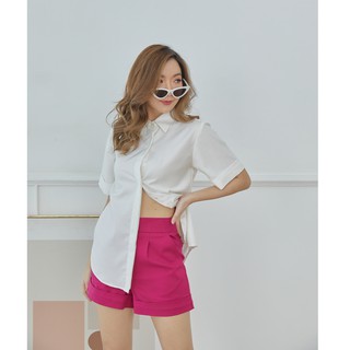 weerin common shirt เสื้อเชิ้ตแขนสั้น กระดุมซ่อน สีขาว สีน้ำตาลอ่อน