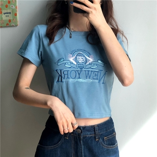 Fulllove เสื้อครอป เสื้อครอปคอเต่าแขนสั้น BM Tops Embroidery NEW YORK 635#