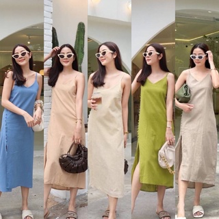 Sale🔥 ล้างสต็อค!!! แมกซี่ลินิน เดรสยาว เดรสลินิน maxi dress พิ่มกิมมิคผ่าด้านข้าง แต่งกระดุมเรียง ผ้าลินินมีtexture