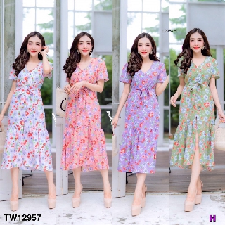 #12957 MaxiDress ลายดอกผ่าหน้า