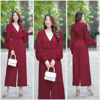 hbstation.shop เสื้อผ้าผู้หญิง Jumpsuitยาว สีแดง พร้อมส่ง