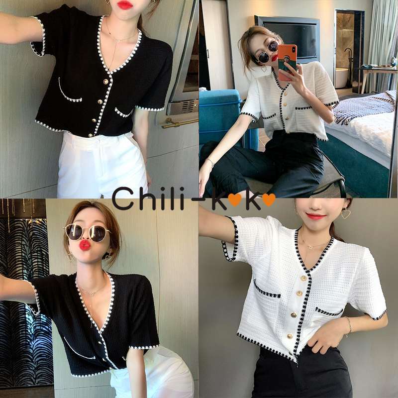 Chili_k❤️k❤️ 261 knit *สินค้าพร้อมส่ง* ถักลายหรูหรา ส่งจากกรุงเทพ เสื้อครอปถักลายหรูหราสไตล์เกาหลี