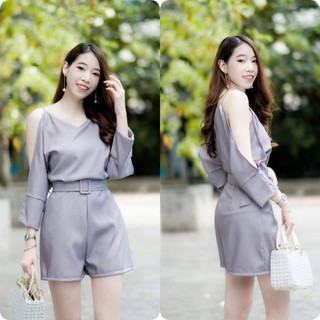 hbstation.shop เสื้อผ้าผู้หญิง จั้มสูทขาสั้น สีเทา พร้อมส่ง