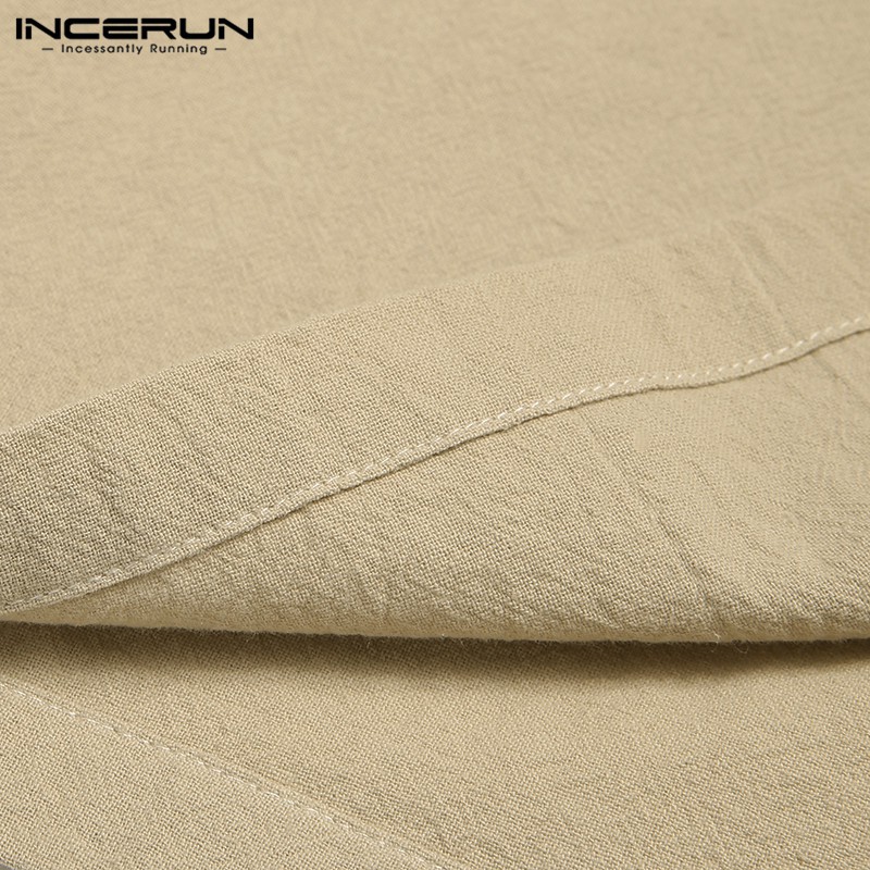 Incerun เสื้อยืดแฟชั่นผู้ชาย ผ้าฝ้าย แขนยาว ผูกเชือก แบบเรียบ ทรงหลวม