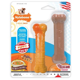 Nylabone Power Puppy Chew Twin Pack Beef &amp; Bacon Dog Toy Chew Toy ไนลาโบน กระดูกของเล่นขัดฟัน ลูกสุนัขแทะรุนแรง แพ็คคู่