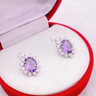 N6402 ต่างหูพลอยอเมทิสต์แท้ ( Amethyst ) แบบอิงลิชล็อค ตัวเรือนเงินแท้ 925 ชุบทองคำขาว