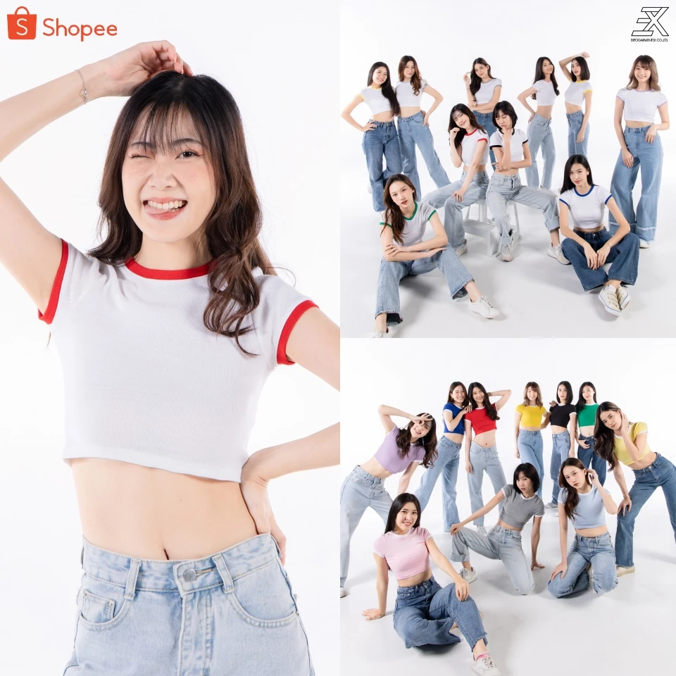 Expogarment เสื้อครอป กุ๊นแขน กุ๊นคอ Ringer CROP เอวลอย แขนสั้น ผ้าร่องเล็ก ผ้ายืด คอตตอน 003ringer