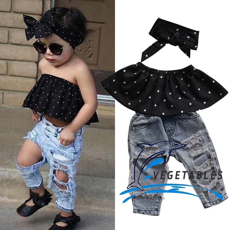 Vat- UK Stock ชุดเสื้อเปิดไหล่ กางเกงยีนส์ขายาว สําหรับเด็กทารกผู้หญิง - รูปที่ 2