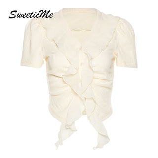 Sweeticme2022 ใหม่ เสื้อครอปคาร์ดิแกน แขนสั้น เข้ารูป สีพื้น สําหรับผู้หญิง