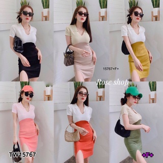 👗Pfashion [ส่งไว!!🚛] P15767 เดรสไหมพรมคอปกแขนสั้นทูโทน