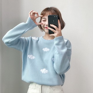 Sale+พร้อมส่งทุกสีแล้วค่า☁️☃️Cloudy Sweater เสื้อสเวตเตอร์ไหมพรมปักลายก้อนเมฆสไตล์เกาหลี C325