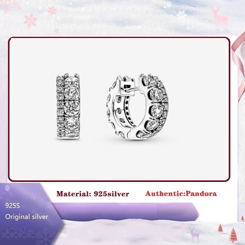 Pavé Sparkling ต่างหูห่วงคู่ เงินสเตอร์ลิง ประดับเพชร สําหรับผู้หญิง