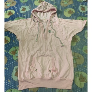 เสื้อยืด มีฮู้ด สีชมพู มีซิปหน้า