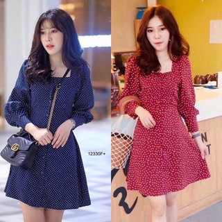 TwinsShopVip💗พร้อมส่ง TW12330 เดรสคอเหลี่ยมกระดุมหน้าลายจุด Square neck polka dot front dressSquare neck polka