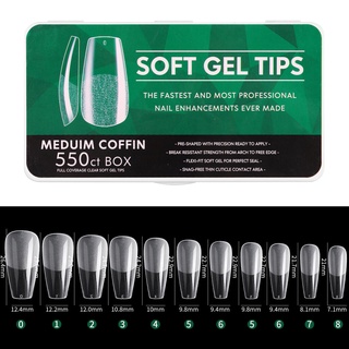 ((SOFT GEL TIPS)) *ฉลากเขียว* ทรงคอฟฟิน 550ชิ้น เล็บปลอมสากบริเวณโคน ไม่ต้องตะไบก่อนต่อ เล็บปลอมPVC เพิ่มเบอร์5,6