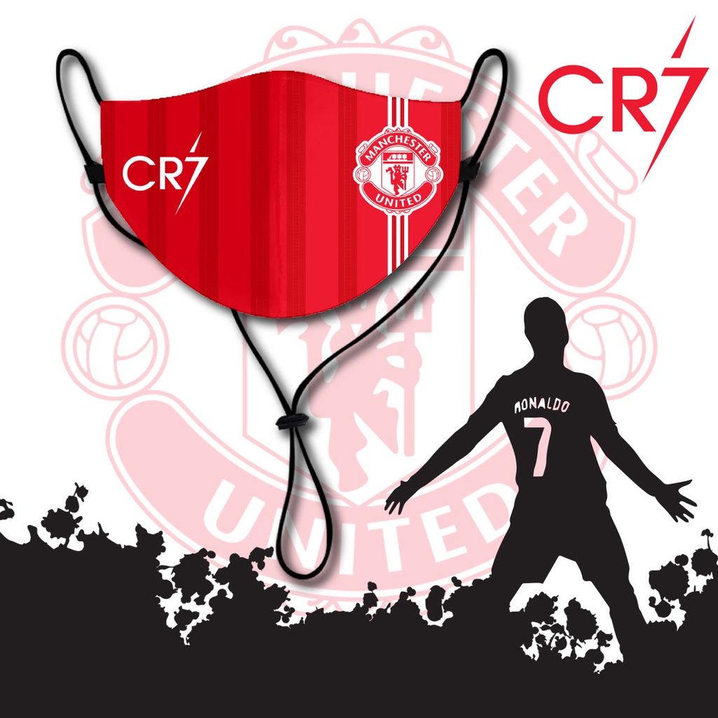 หน้ากากผ้า แมส ผู้ใหญ่ ราคาถูก มีสายคล้องคอ ลาย โรนัลโด้ สีแดง CR7 MANU