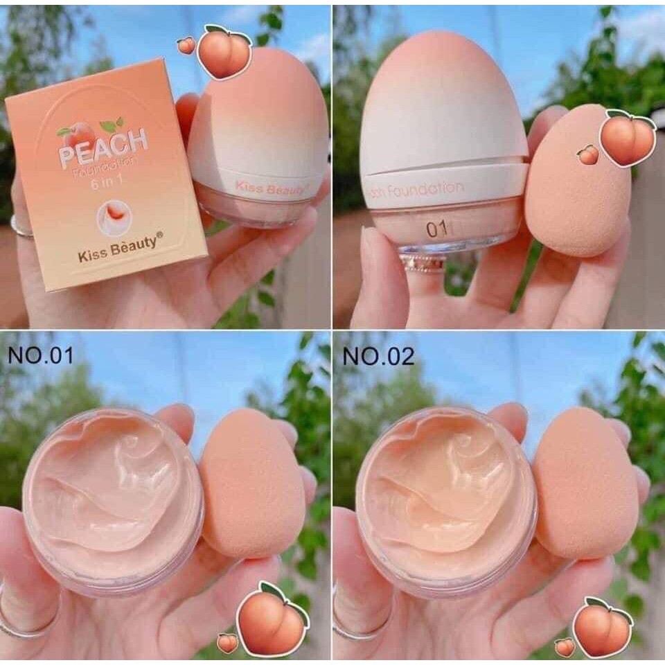 No.68093-03 Kiss Beauty FOUNDATION 6 IN 1 รองพื้นลูกพีชแบบกระปุก+ฟองน้ำ ติดทน กันน้ำ ขนาดพกพาสะดวกมีกลิ่นพีชอ่อนๆ