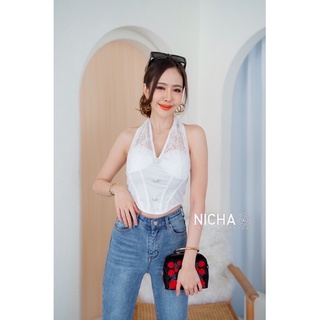 Nicha online🛒 ✨เสื้อครอปผ้ายืด แต่งลูกไม้ผูกคอ แต่งมุขที่เอว เสริมฟองน้ำ มีซิปหลัง สายฝอ ต้องมี 🔥🔥🔥