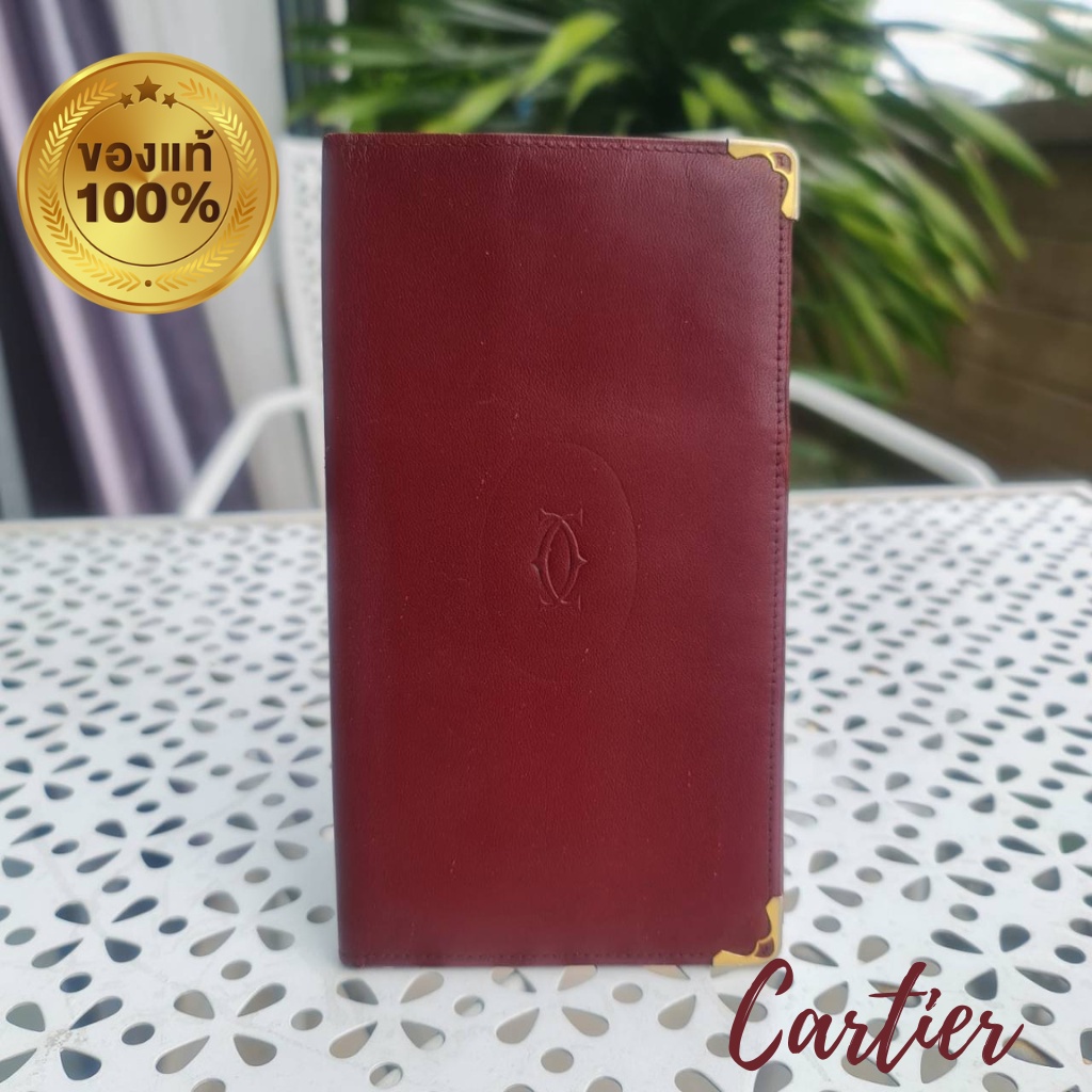 Cartier กระเป๋าสตางใบยาวสำหรับชายหรือหญิง กระเป๋าเงินหนังสีแดงแบรนด์หรูระดับโลกของแท้ราคาดีสีแดงสดด้