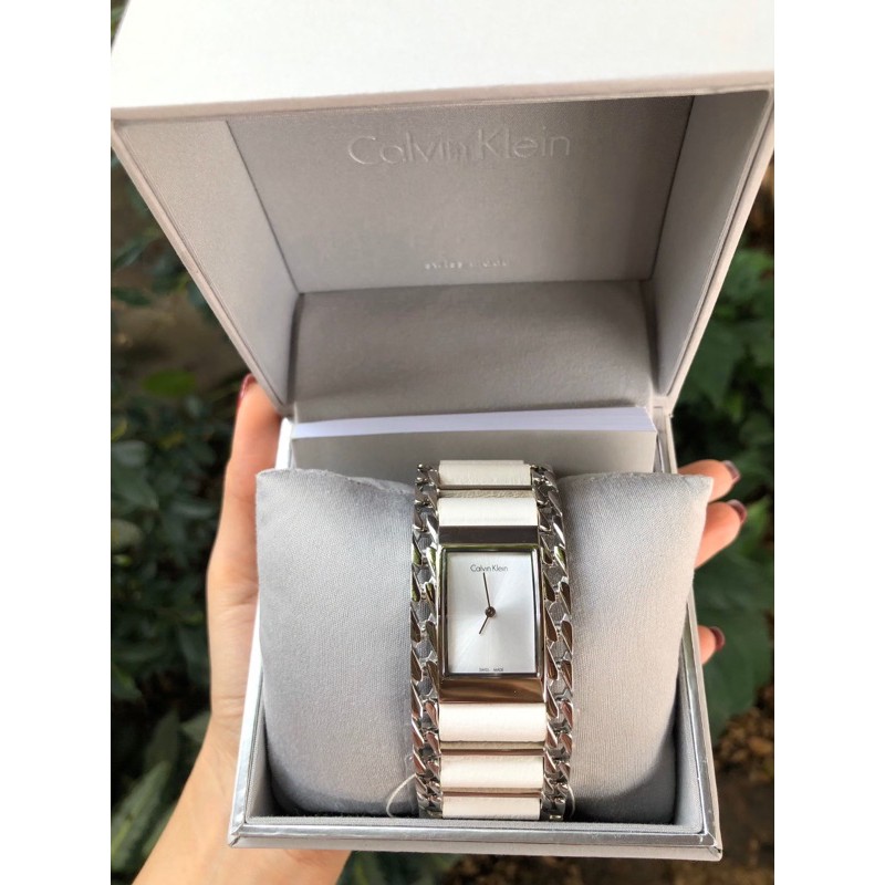 👑ผ่อน0%~แท้100%👑 นาฬิกาข้อมือ CALVIN KLEIN สีขาว ผู้หญิง ทรงเหลี่ยม Impeccable Ladies White Watch #K