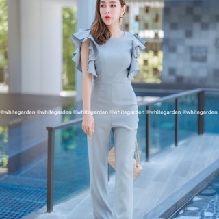 จั้มสูทผ้าพื้นแขนระบายหลังไขว้