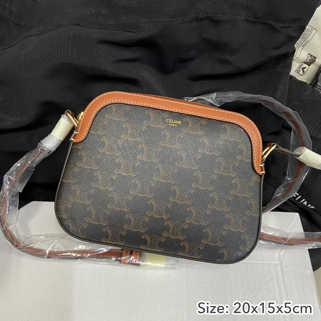 New Celine SMALL CAMERA BAG IN TRIOMPHE CANVAS AND CALFSKIN TAN Shopee Thailand