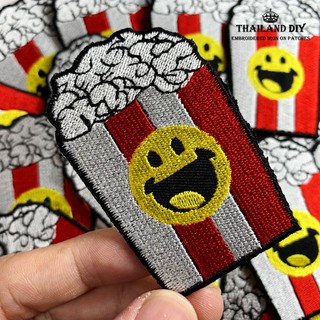 ตัวรีดป๊อปคอร์น งานปัก หน้ายิ้ม การ์ตูน อาหาร Popcorn Smiley Patch DIY wop ตัวรีด อาร์มติดเสื้อ กางเกง ติดแมส งานฝีมือ