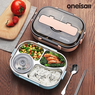 Oneisall กล่องอาหารกลางวันสแตนเลสพร้อมชามตะเกียบ 4 ช่องความจุขนาดใหญ่ 1500ml