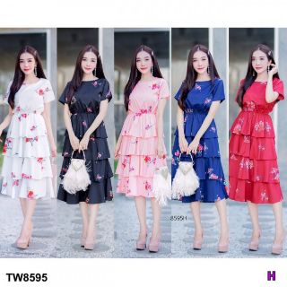 &lt;TW8595&gt;Dress ชุดเดรสขนมชั้น ระบายงานใหม่ล่าสุด งานผ้าหางกระรอก เนื้อผ้าใส่สบายสุดๆ