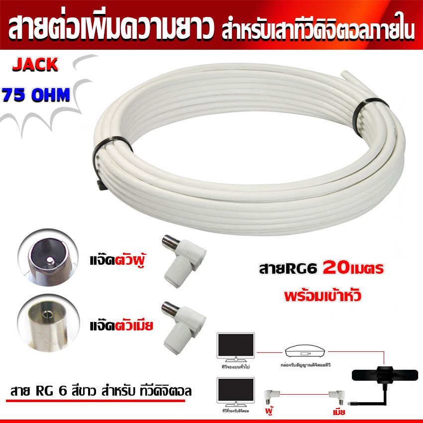 RG6 20เมตร (สีขาว) พร้อมเข้าหัว (แจ๊คตัวผู้+แจ๊คตัวเมีย) สายต่อเพิ่มความยาว สำหรับเสาอากาศดิจิตอลทีวี