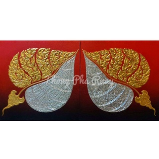 TPR☆ส่งฟรี☆ภาพเขียนใบโพธิ์คู่เงินทอง 2ชิ้น ขนาด50×50cm./1pcs. รูปติดผนัง ภาพแต่งบ้าน ภาพแต่งห้องพระ ภาพวาดปิดทองคำเปลว