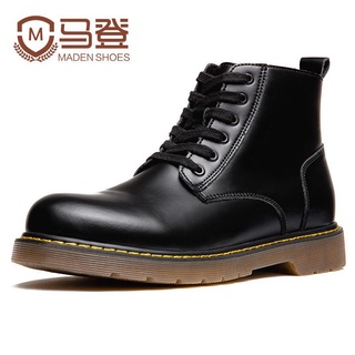 Maden Mens Winter High Quality Mid High Top Black Genuine Leather Vintage Boots
