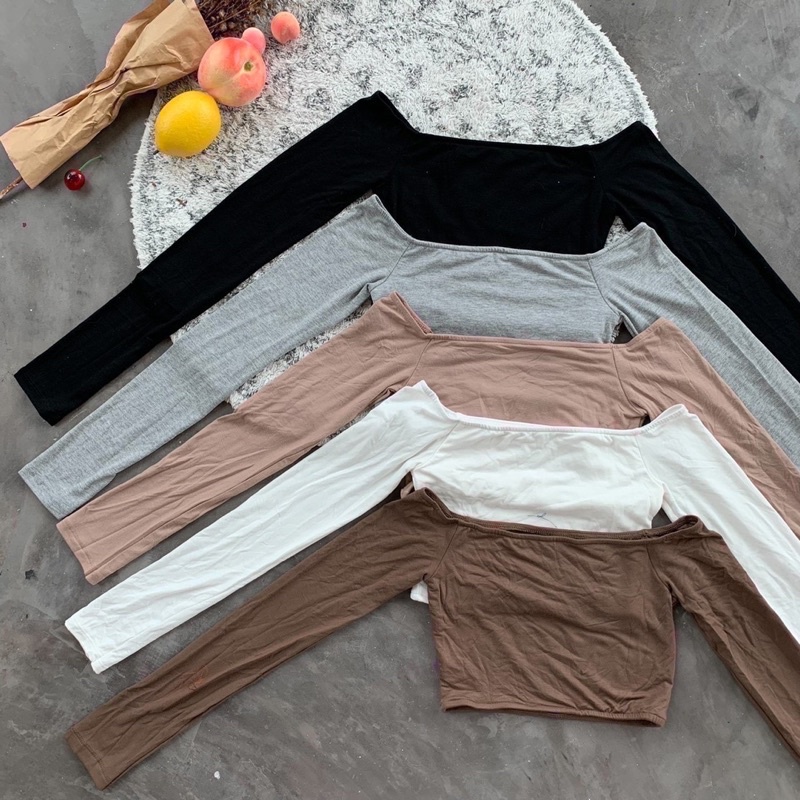 🎊mnv_shop🎊พร้อมส่งเสื้อครอปแขนยาวปาดไหล่ผ้านิ่มใส่สบายแมทช์กับกางเกงคือดีมากแม่เนื้อผ้าเรย่อนยืดได้เยอะรุ่นนี้คือแช่บมาก - รูปที่ 7