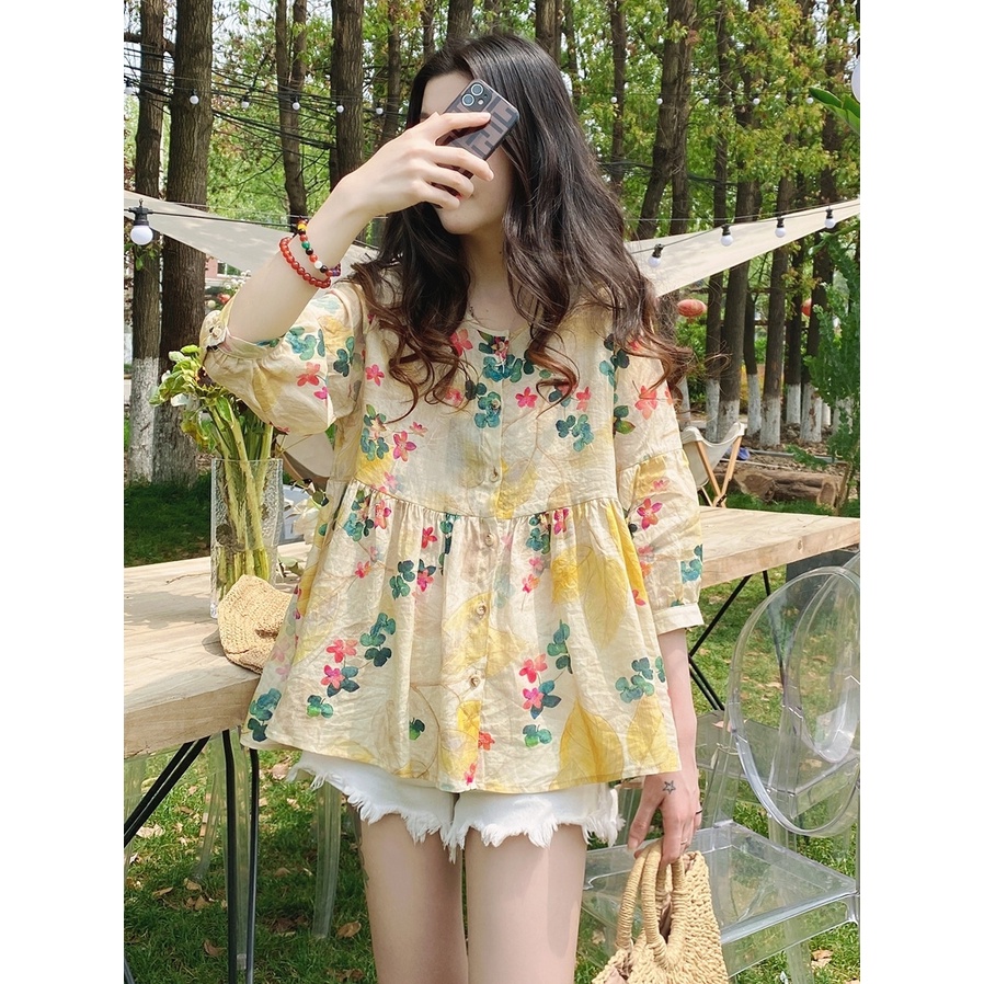 เสื้อเชิ้ตแฟชั่น SMD2843 เสื้อเชิ้ตชีฟอง ผ้าบาง ลายดอกไม้ สไตล์ฮ่องกง FREESIZE